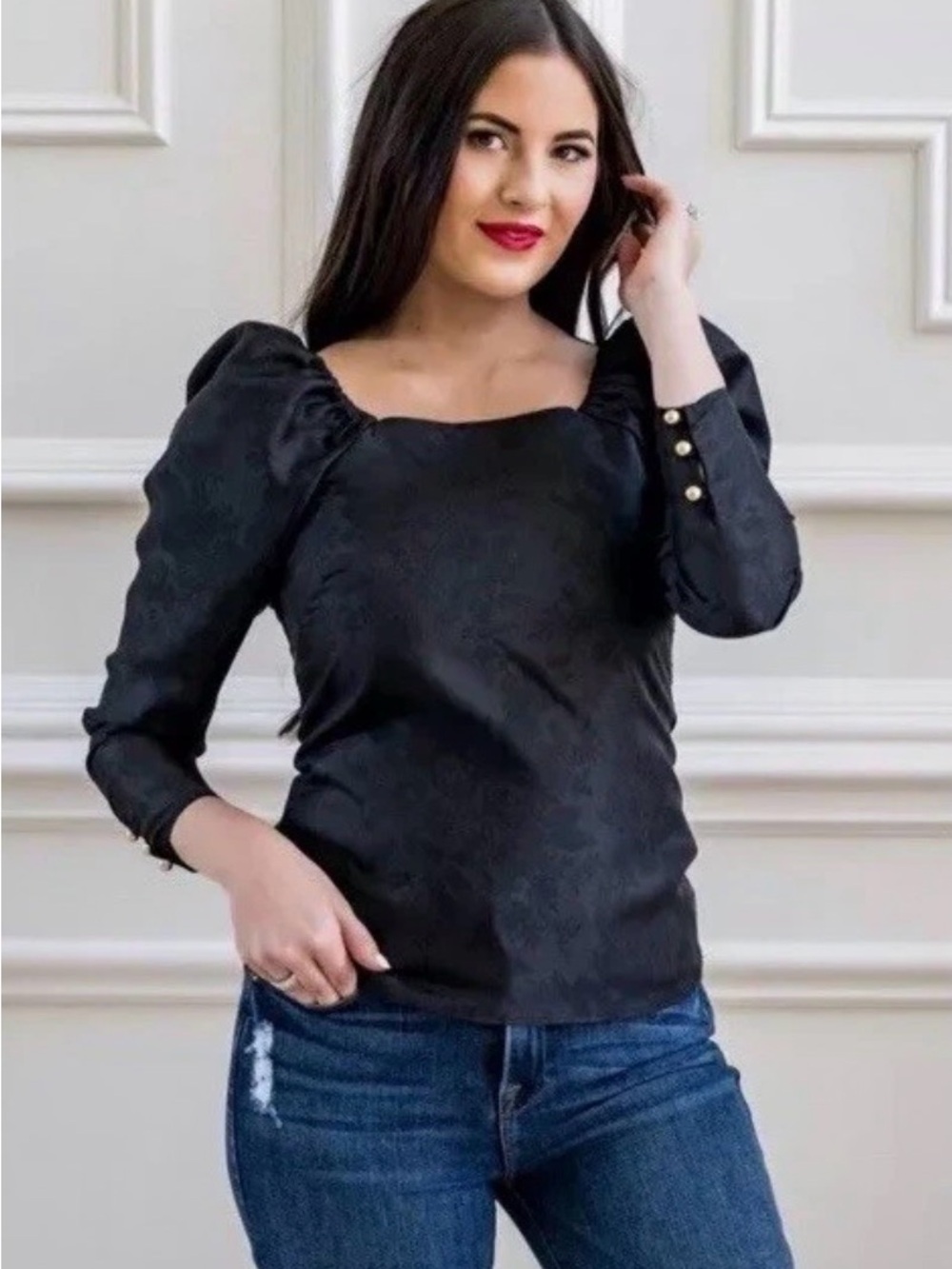 Rachel Parcell Top Womens Black Floral Jacquard Puff Sleeve Satin